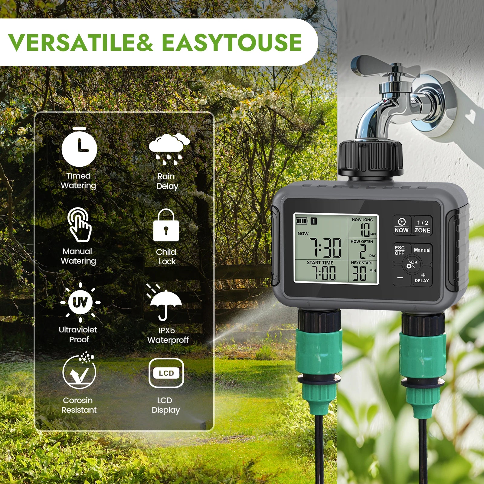 Controlador de irrigação para jardim com tela LCD inteligente independente de zona dupla, temporizador, kit de pulverização por atomização, sistema de resfriamento por névoa e dois controladores de irrigação.