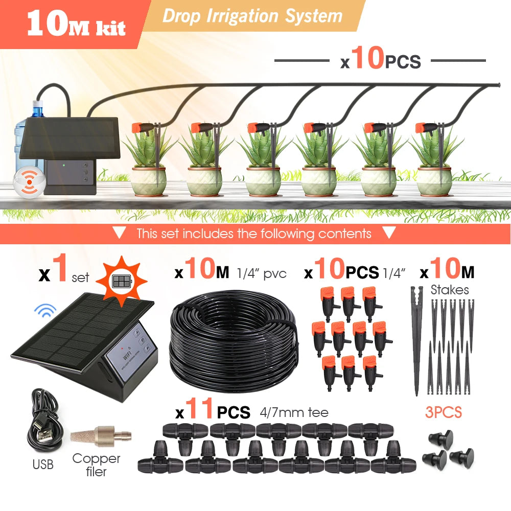 Sistema de irrigação por gotejamento inteligente com temporizador e controle remoto Tuya, compatível com Wi-Fi, para plantas de jardim, varanda e vasos.
