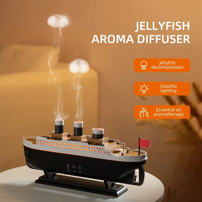 Umidificador de ar doméstico em formato de Titanic, 250ml, com controle remoto, para óleos essenciais, com aroma de anel de fumaça de água-viva.