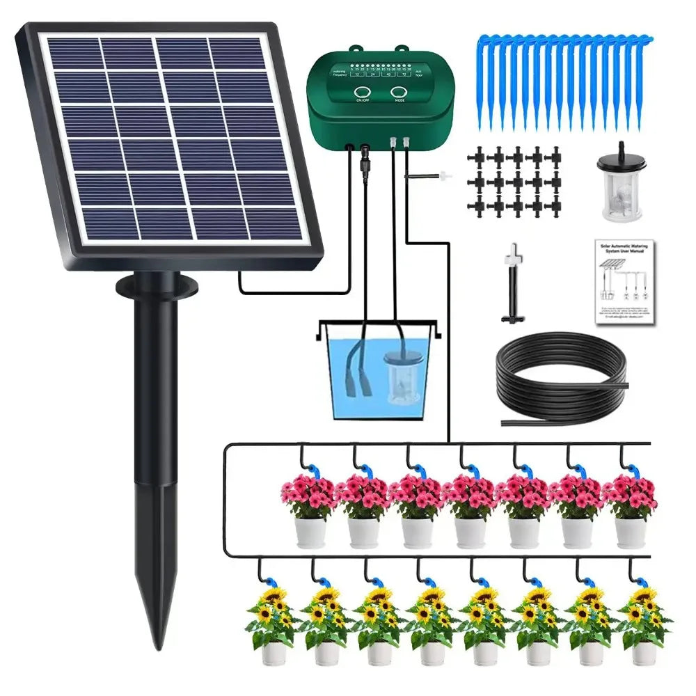 O sistema de irrigação inteligente por gotejamento solar para exteriores está equipado com uma bateria de 1800mAh para irrigação programada de plantas.