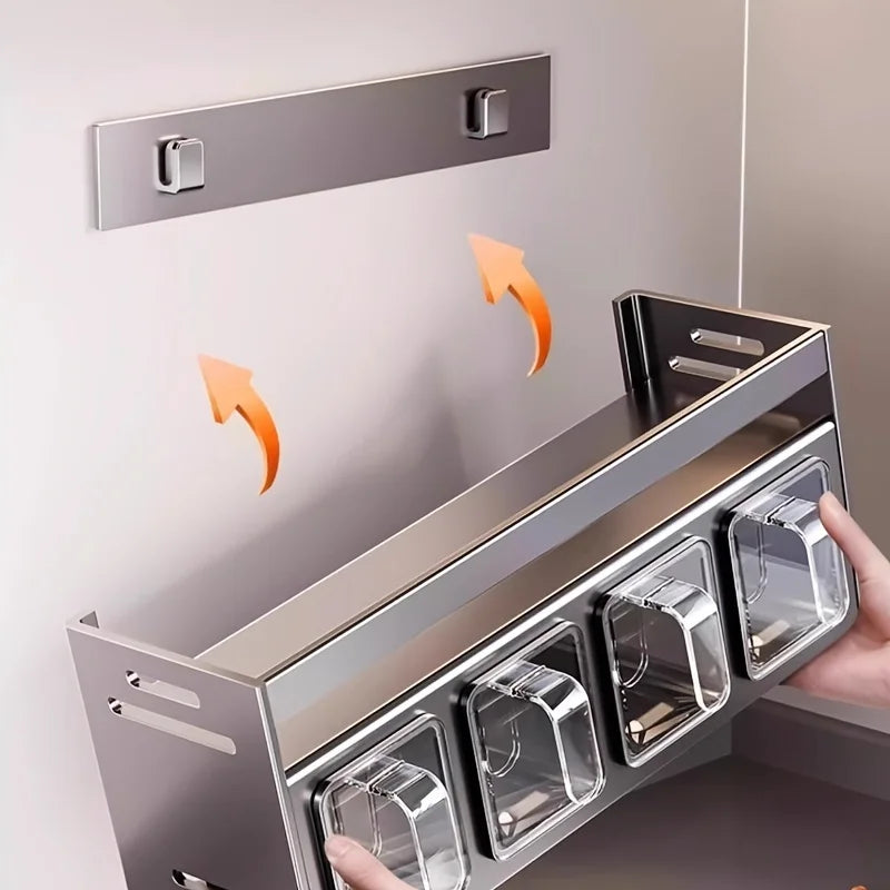 Conjunto de porta-temperos de parede para cozinha, sem necessidade de furar a parede, com recipientes herméticos e distribuidores.