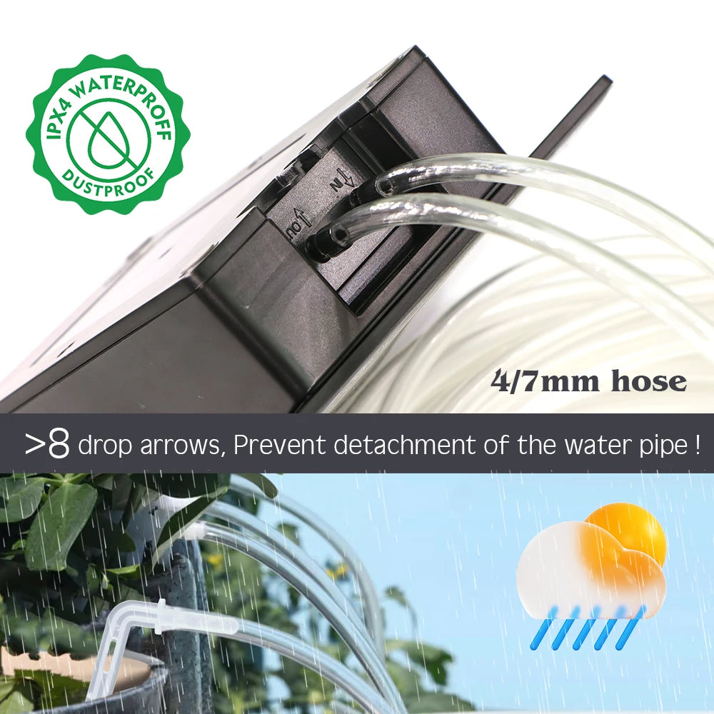 Sistema de irrigação por gotejamento inteligente com temporizador e controle remoto Tuya, compatível com Wi-Fi, para plantas de jardim, varanda e vasos.