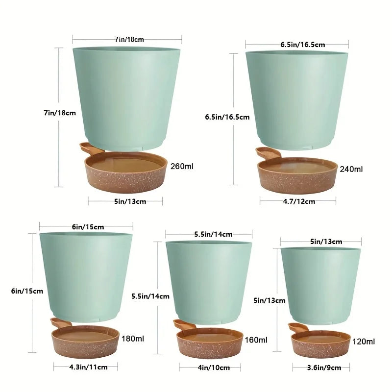 Conjunto de 5 vasos autoirrigáveis com furo de drenagem, vasos de plástico para viveiro, 7/6,5/6/5,5/5 polegadas.