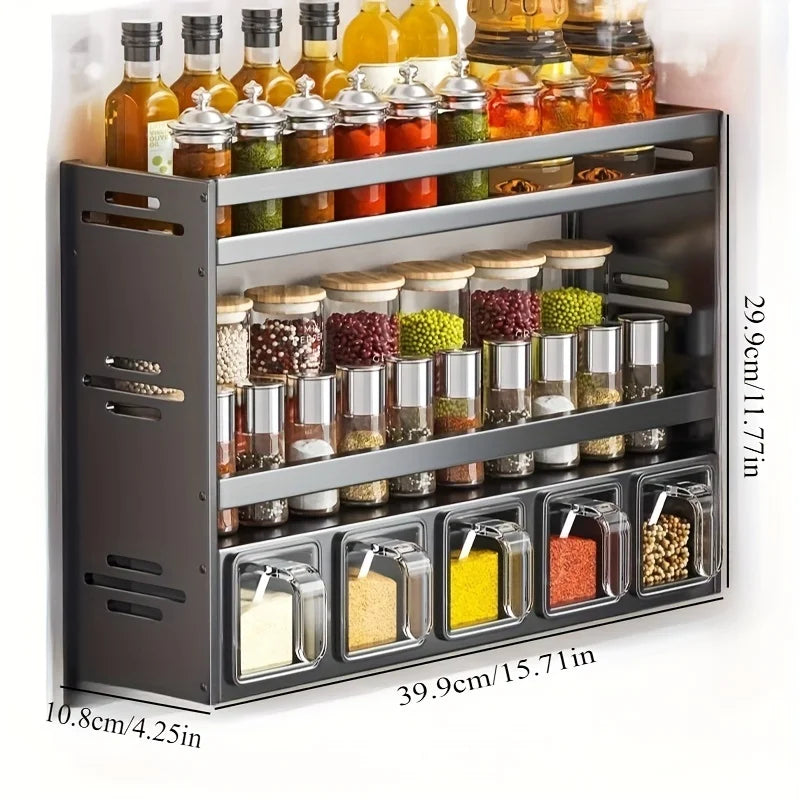 Conjunto de porta-temperos de parede para cozinha, sem necessidade de furar a parede, com recipientes herméticos e distribuidores.