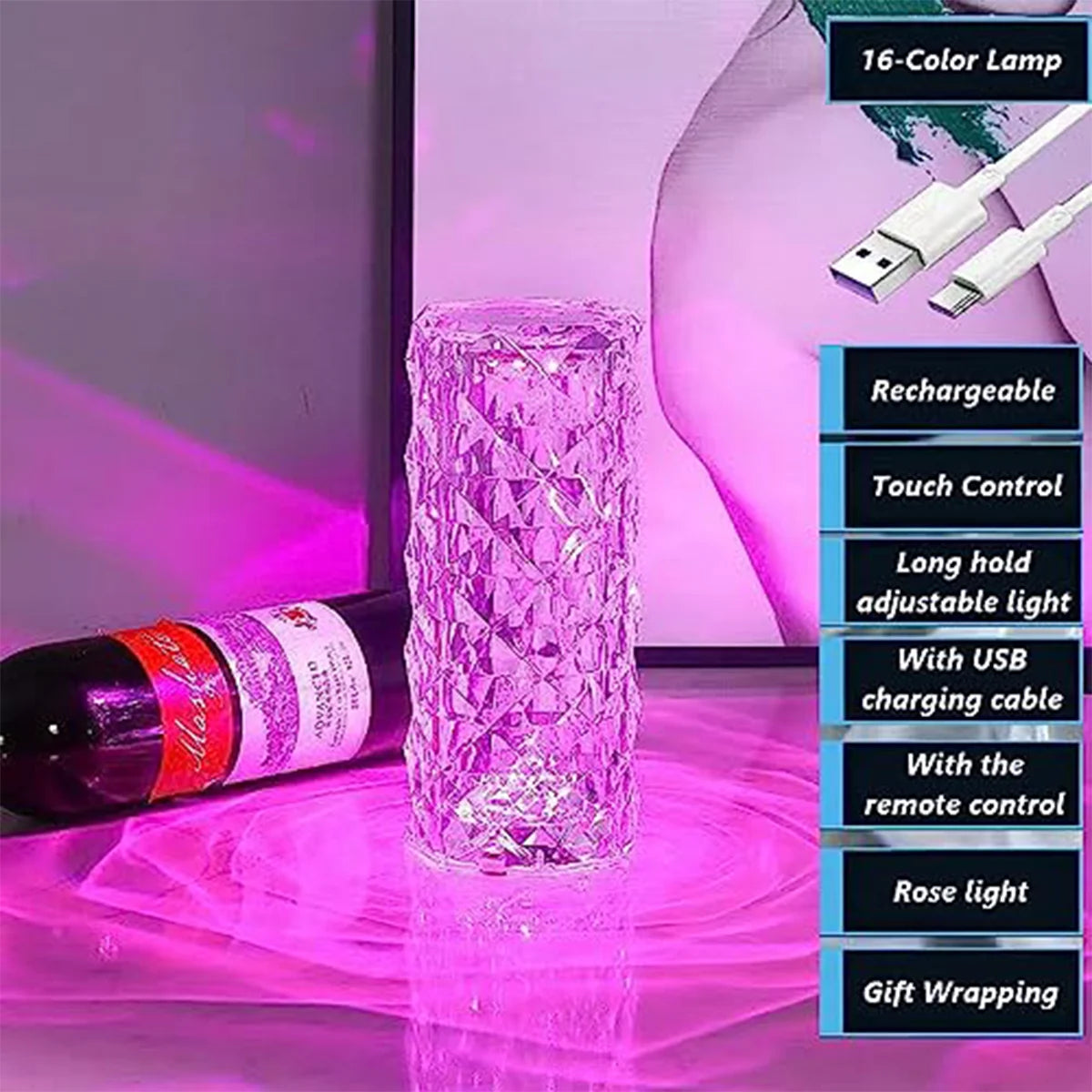 Lâmpada rosa de cristal rgb, luz sensível ao toque.