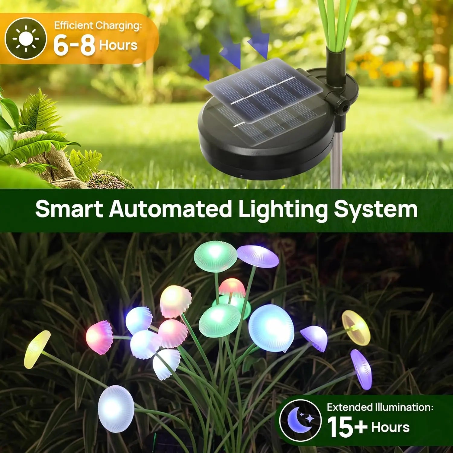 Luminária solar de jardim com LED de modo duplo, em formato de cogumelo, à prova d'água, para decoração de quintal, pátio e caminho, criando um ambiente aconchegante no jardim.