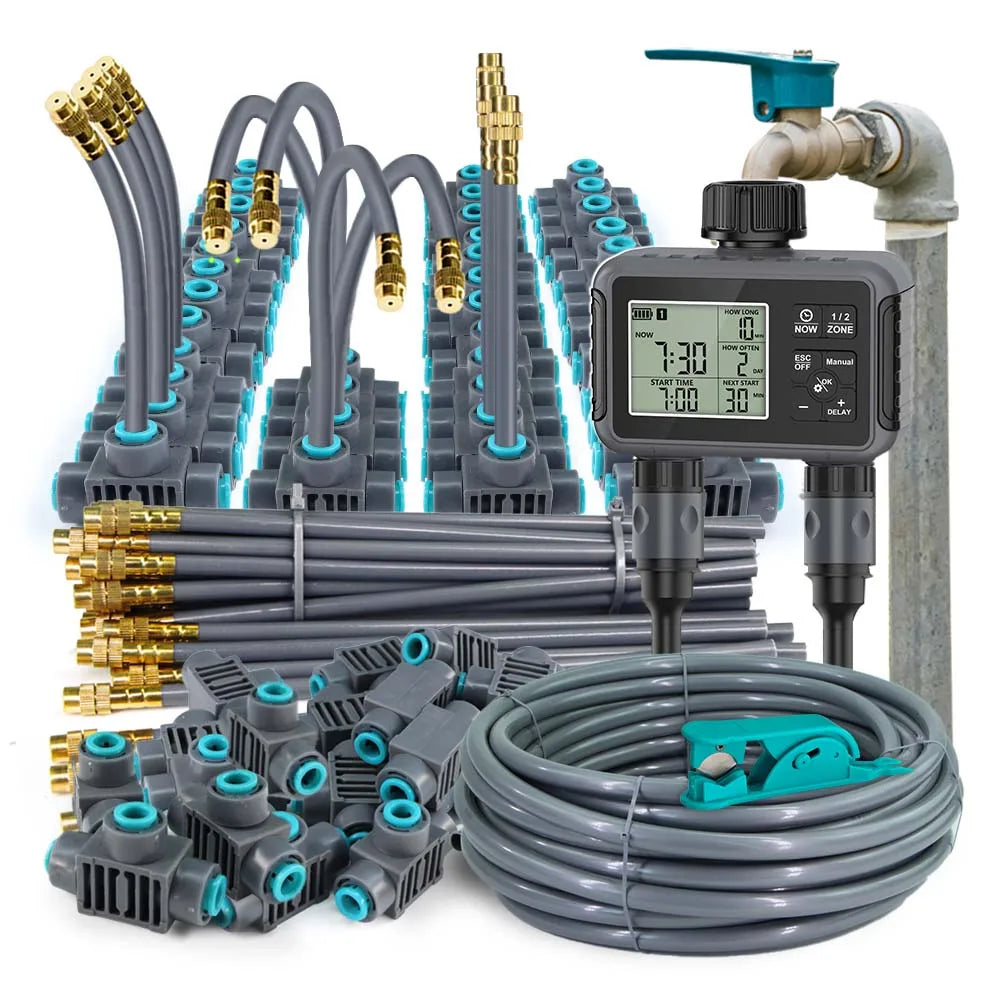 Controlador de irrigação para jardim com tela LCD inteligente independente de zona dupla, temporizador, kit de pulverização por atomização, sistema de resfriamento por névoa e dois controladores de irrigação.
