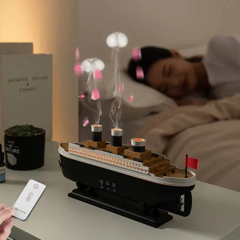 Umidificador de ar doméstico em formato de Titanic, 250ml, com controle remoto, para óleos essenciais, com aroma de anel de fumaça de água-viva.