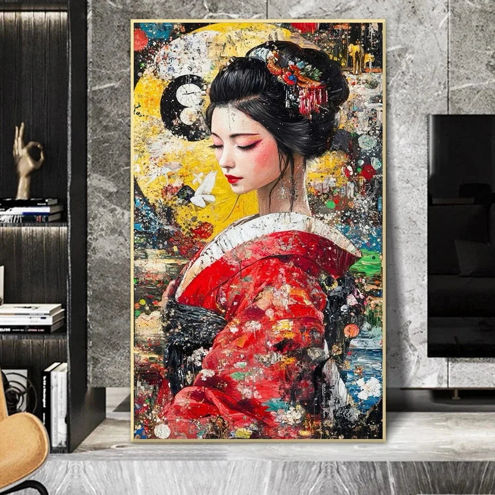Pintura abstrata de gueixa japonesa em tela, arte de parede vintage, pôster de anime para quarto, sala de estar e decoração de casa.