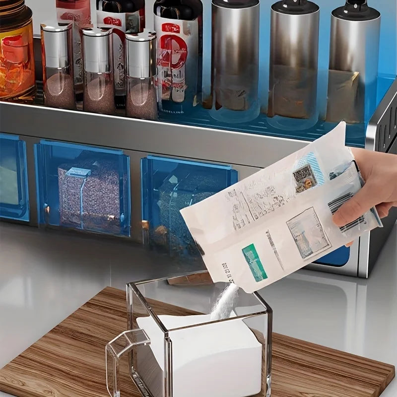 Conjunto de porta-temperos de parede para cozinha, sem necessidade de furar a parede, com recipientes herméticos e distribuidores.