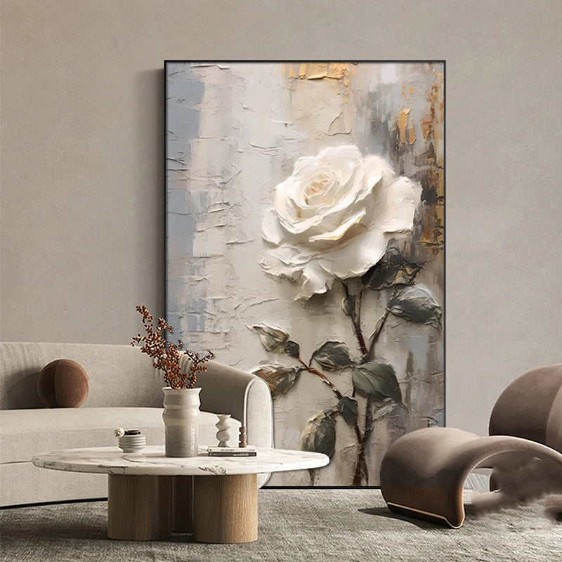Pintura a óleo abstrata de flor branca impressa em tela, pôsteres e impressões florais de luxo para decoração de parede, varanda e sala de estar.
