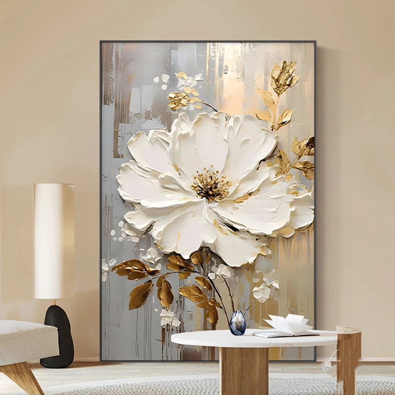 Pintura a óleo abstrata de flor branca impressa em tela, pôsteres e impressões florais de luxo para decoração de parede, varanda e sala de estar.