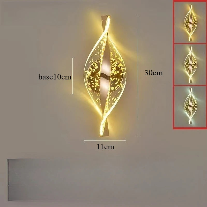 Luminária de parede LED moderna em acrílico dourado com acabamento brilhante para hall de entrada, quarto e sala de estar. Ideal para decoração de ambientes, paredes e outros ambientes.