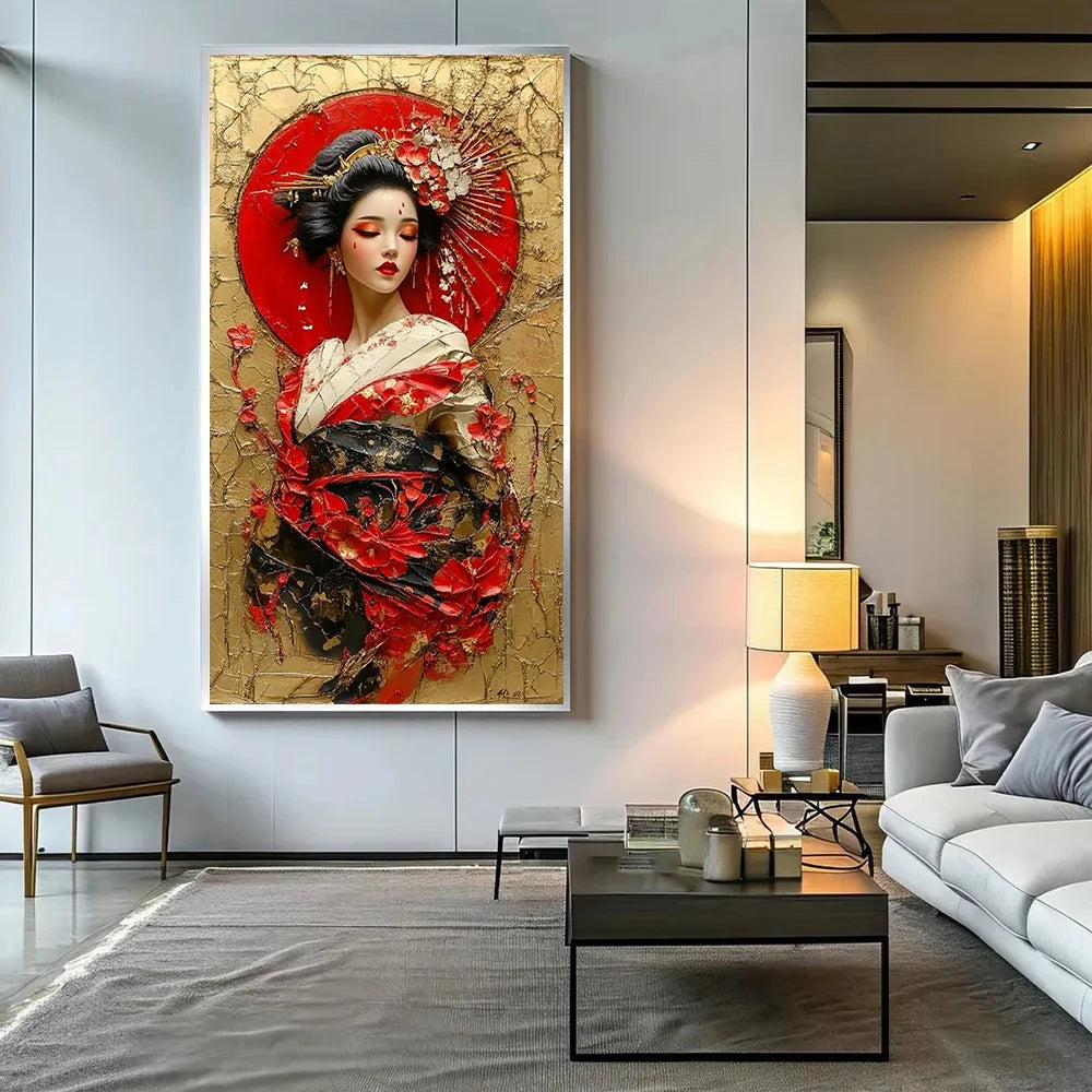 Pintura abstrata de gueixa japonesa em tela, arte de parede vintage, pôster de anime para quarto, sala de estar e decoração de casa.