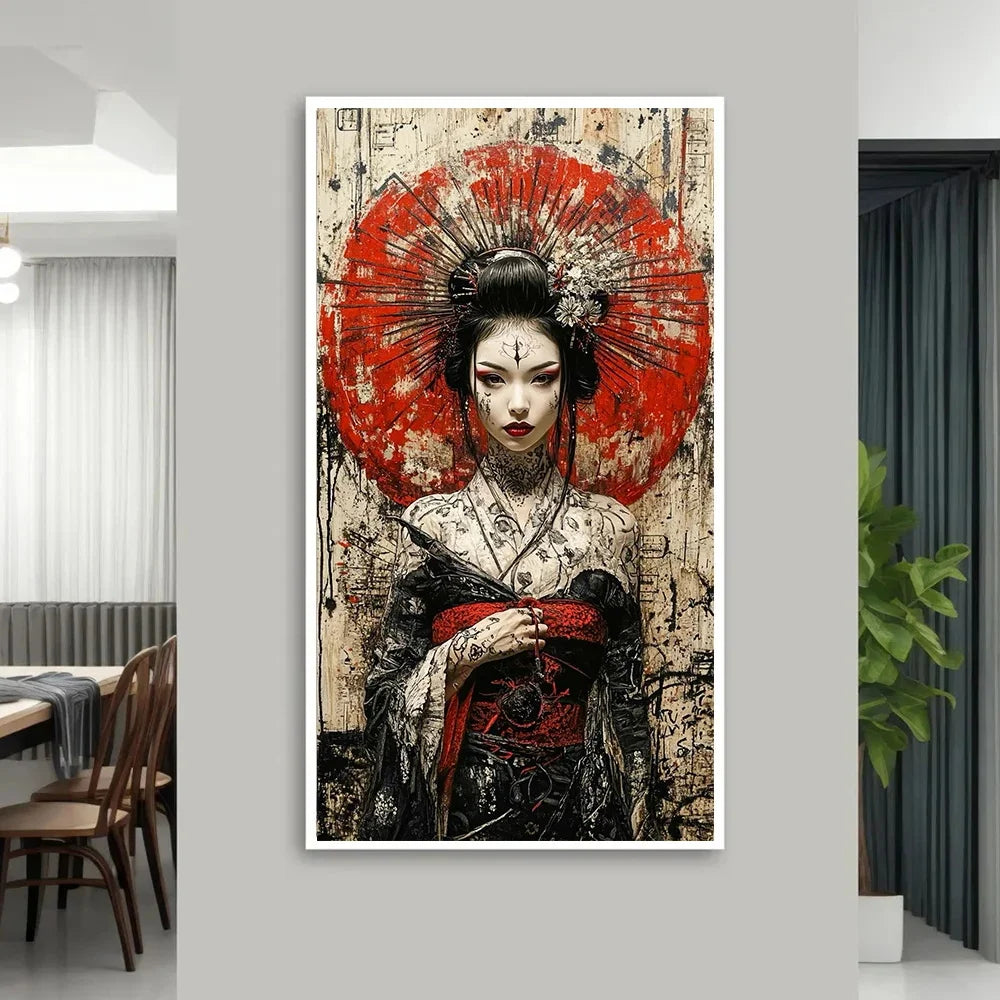 Pintura abstrata de gueixa japonesa em tela, arte de parede vintage, pôster de anime para quarto, sala de estar e decoração de casa.