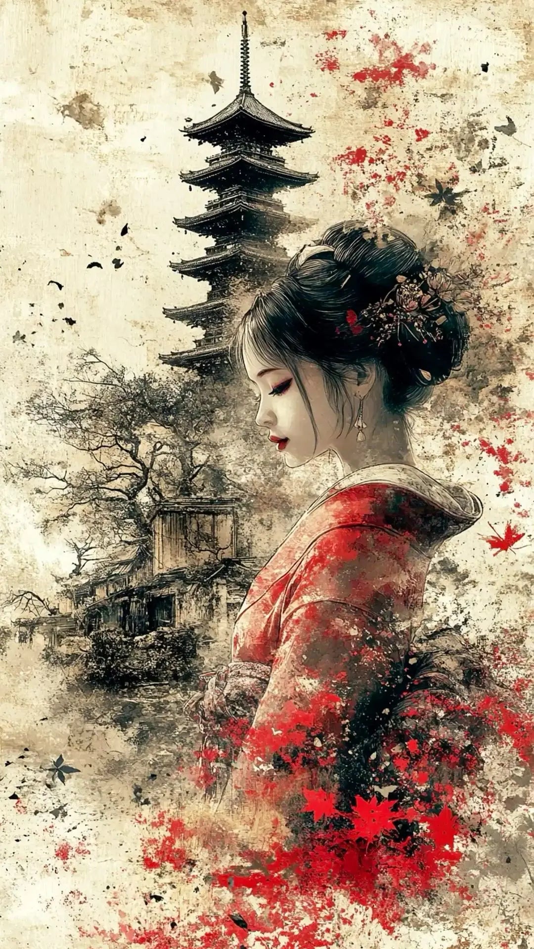 Pintura abstrata de gueixa japonesa em tela, arte de parede vintage, pôster de anime para quarto, sala de estar e decoração de casa.