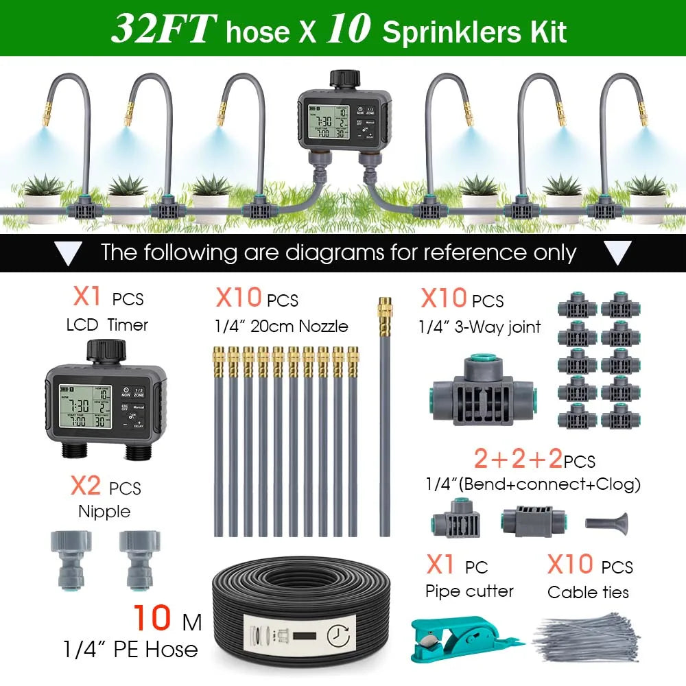 Controlador de irrigação para jardim com tela LCD inteligente independente de zona dupla, temporizador, kit de pulverização por atomização, sistema de resfriamento por névoa e dois controladores de irrigação.