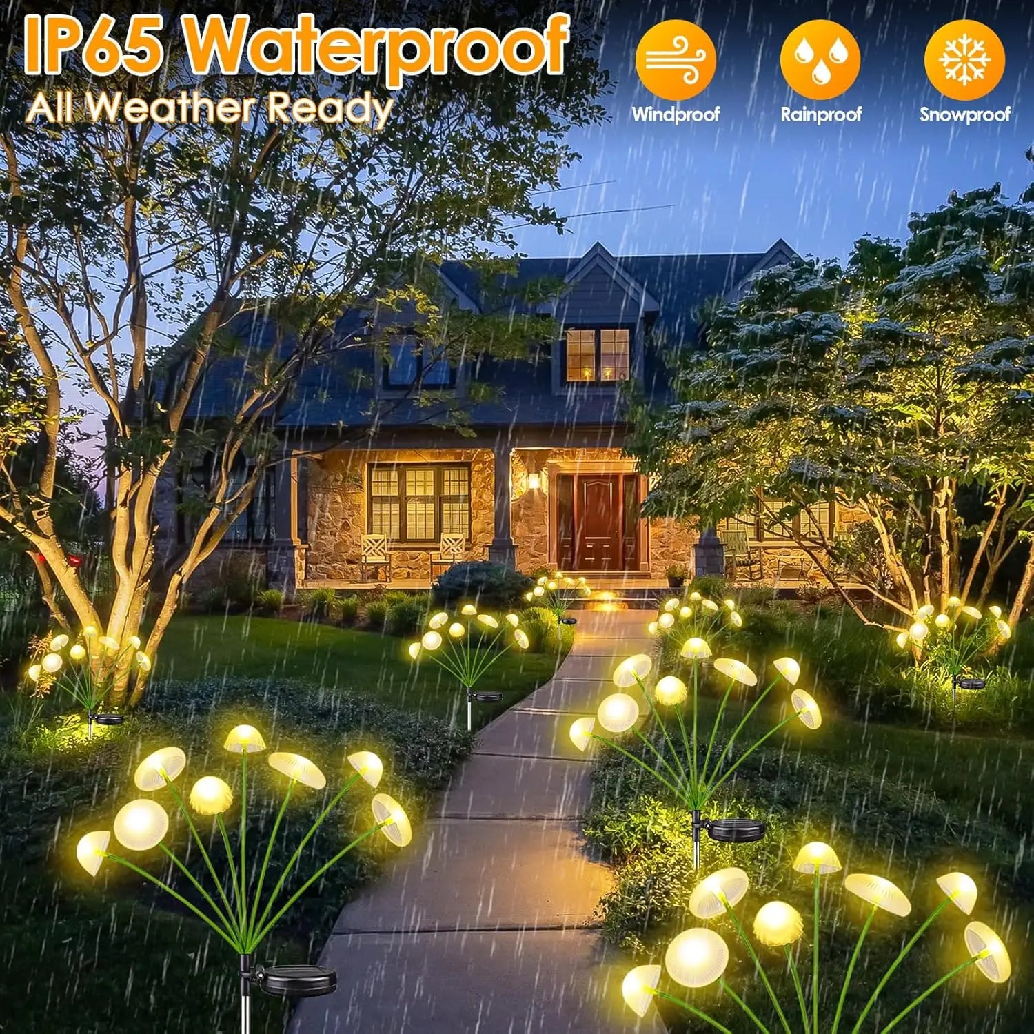 Luminária solar de jardim com LED de modo duplo, em formato de cogumelo, à prova d'água, para decoração de quintal, pátio e caminho, criando um ambiente aconchegante no jardim.