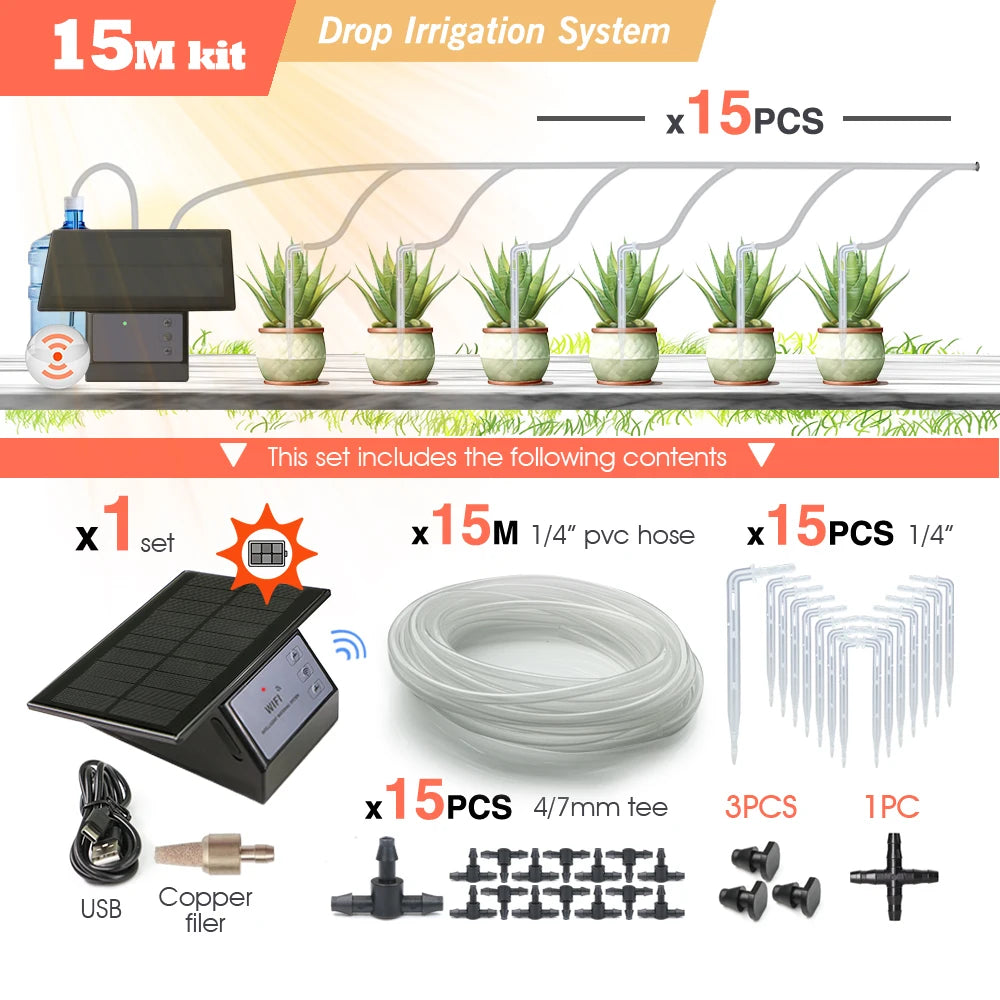 Sistema de irrigação por gotejamento inteligente com temporizador e controle remoto Tuya, compatível com Wi-Fi, para plantas de jardim, varanda e vasos.