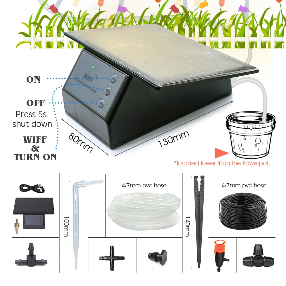 Sistema de irrigação por gotejamento inteligente com temporizador e controle remoto Tuya, compatível com Wi-Fi, para plantas de jardim, varanda e vasos.