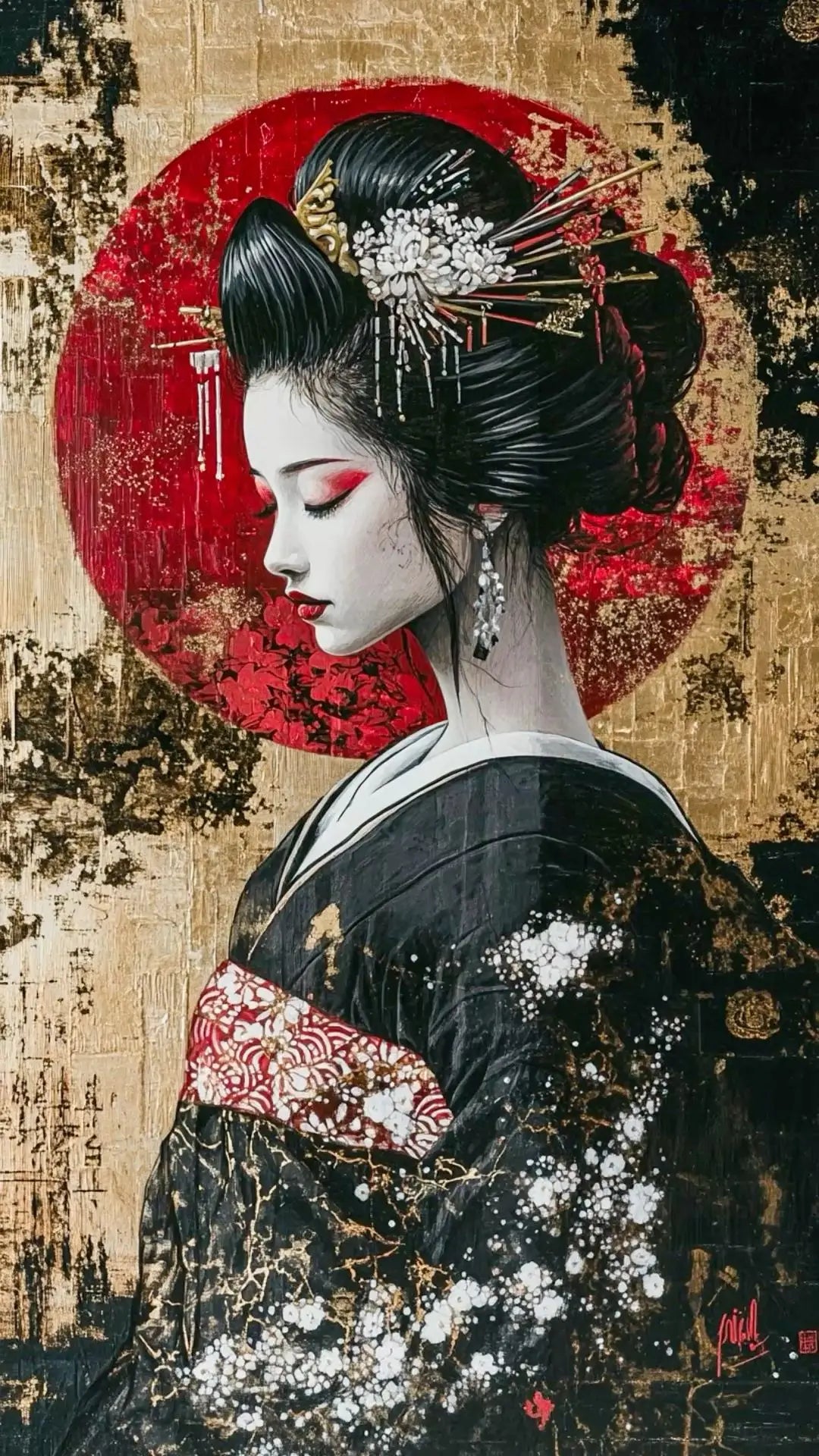 Pintura abstrata de gueixa japonesa em tela, arte de parede vintage, pôster de anime para quarto, sala de estar e decoração de casa.